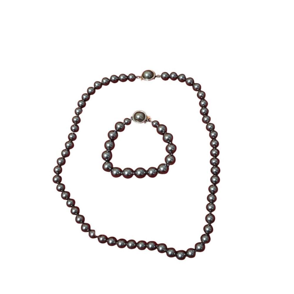 Vintage Black Pearl Necklace and Bracelet Set with Bonus Earrings